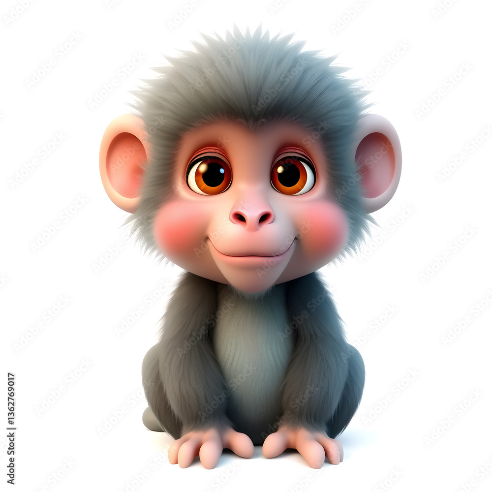Baboon – 3D baby baboon, tiny fluffy mane, round chubby cheeks, big expressive eyes, pastel gray and turquoise tones, white background Generative AI Baboon – 3D baby baboon, tiny fluffy mane, round chubby cheeks, big expressive eyes, pastel gray and turquoise tones, white background Generative AI