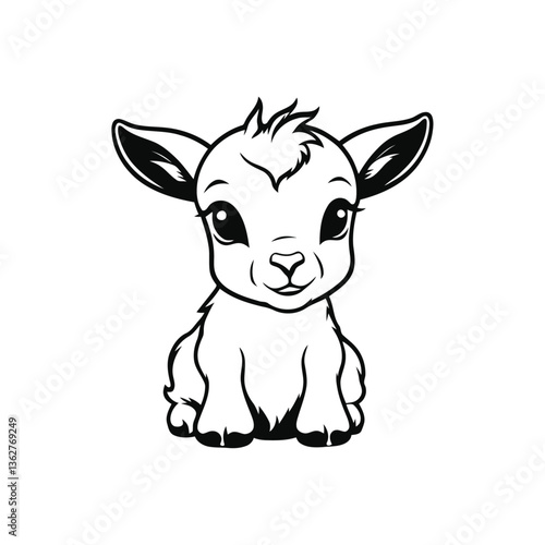 A sleek black and white vector illustration of a baby goat with watery eyes and a downturned mouth on a white background