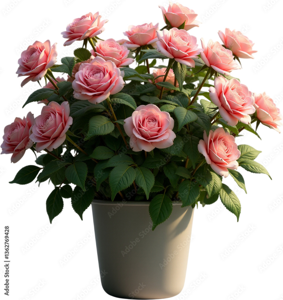 Fototapeta premium pink bush roses in a pot isolated on transparent background png