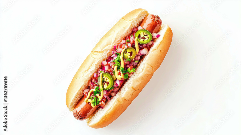 Delicious hot dog with red onion and jalapeño relish - perfect for summer bbqs Delicious hot dog with red onion and jalapeño relish - perfect for summer bbqs