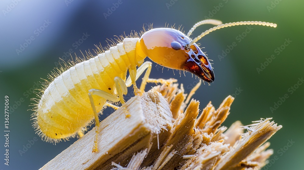 Fototapeta premium macro shot of a termite chewing through a piece of timber, highlighting its mandibles and wood fibers breaking apart. macro shot, termite chewing, timber, wood fibers, mandibles, pest damage, 
