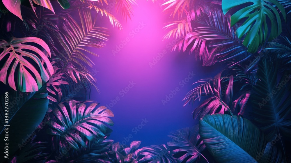 Naklejka premium Neon Tropical Paradise: Vibrant Pink and Blue Leaves