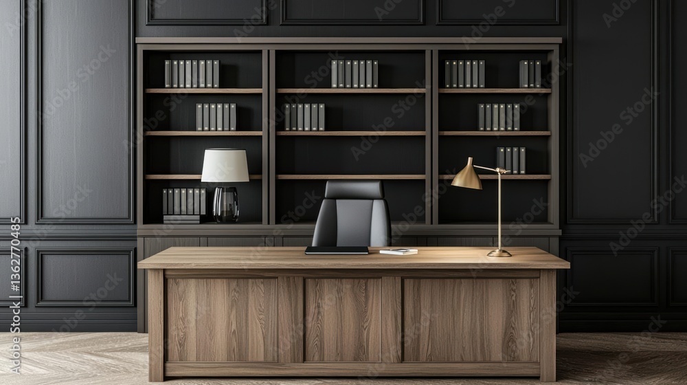 Elegant wooden study with an oversized executive desk, statement lighting, and modern luxury details Elegant wooden study with an oversized executive desk, statement lighting, and modern luxury details