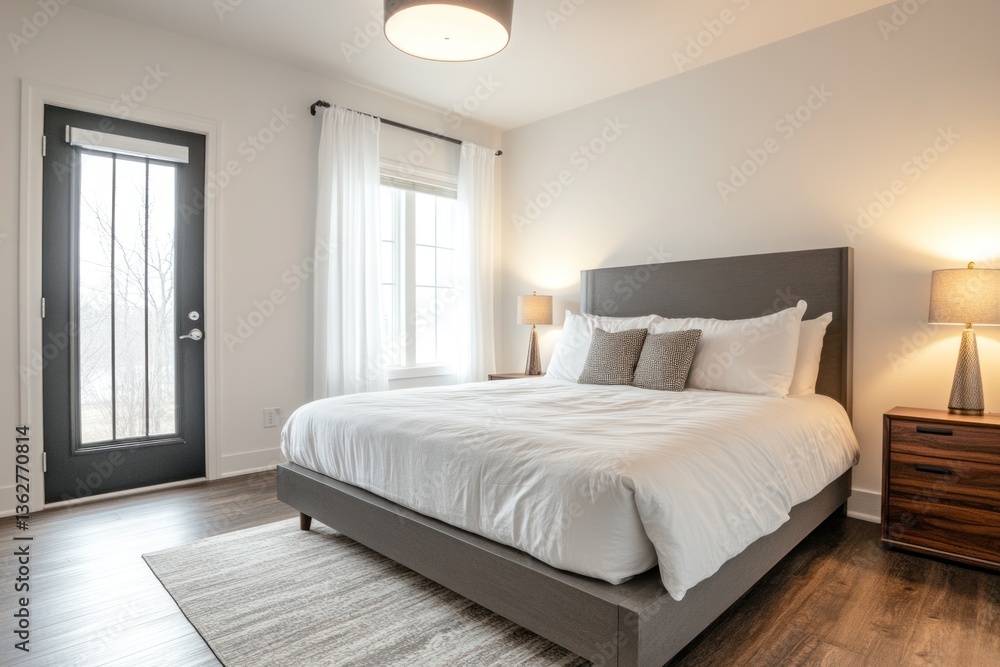 Modern bedroom with king bed, window, and patio door. Modern bedroom with king bed, window, and patio door.