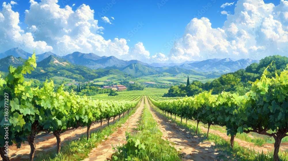Serene Vineyard Landscape Under a Summer Sky Serene Vineyard Landscape Under a Summer Sky