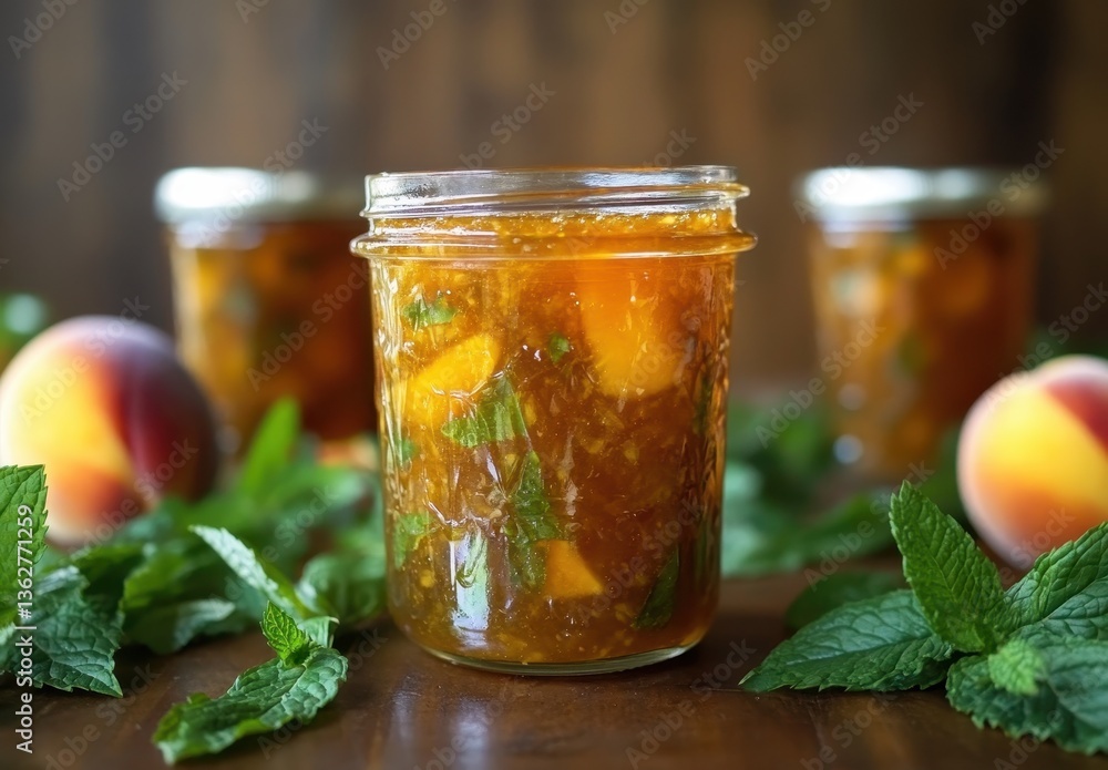 Homemade Peach Mint Jam in Glass Jar with Fresh Ingredients and Jars on a Rustic Wooden Surface Ideal for Summer Recipes and Food Photography Homemade Peach Mint Jam in Glass Jar with Fresh Ingredients and Jars on a Rustic Wooden Surface Ideal for Summer Recipes and Food Photography