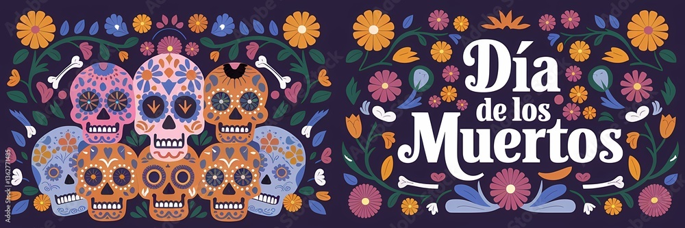 Día de los Muertos celebration with a vibrant dark background featuring multiple colorful skulls in pink blue and orange decorated with flowers bones and festive elements with text on the right side Día de los Muertos celebration with a vibrant dark background featuring multiple colorful skulls in pink blue and orange decorated with flowers bones and festive elements with text on the right side