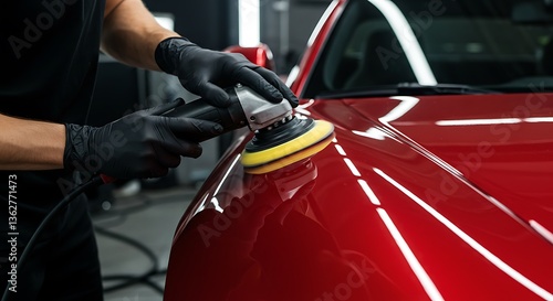Close up of a auto body mechanic buffing a scratch on sports car
