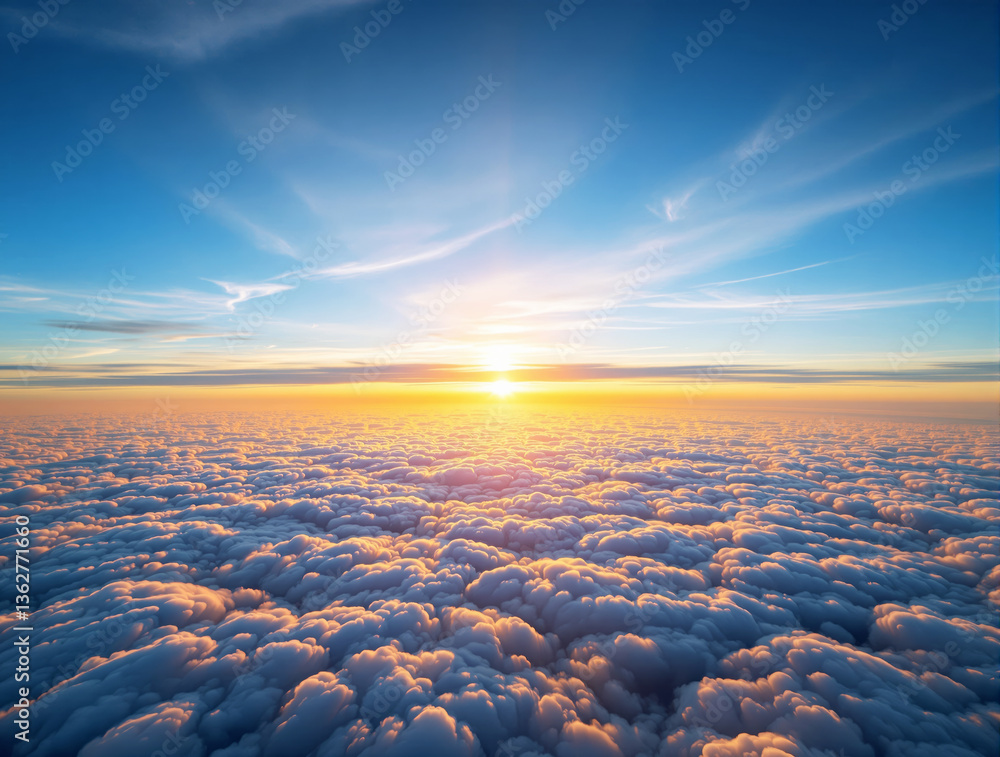 Obraz premium Majestic sunrise over a cloudscape with warm golden light and blue sky, creating a breathtaking atmospheric landscape. Ai generative