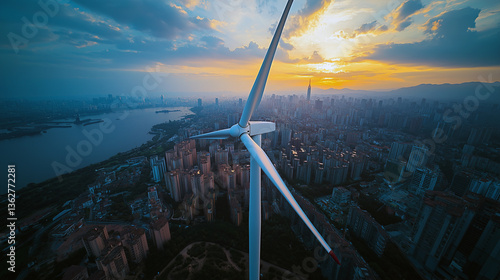 Aerial view propeller wing wind turbines city background Fusion of technology sustainability quiet power renewable energy against backdrop urban progress future innovation nature coexist, illustration