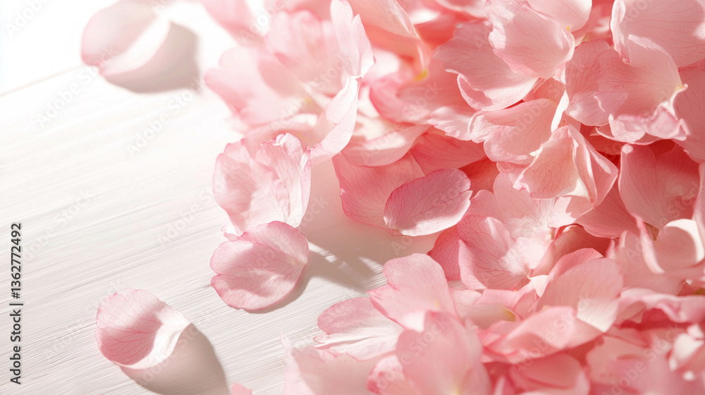 Fototapeta premium Sakura petals forming a heart shape on soft white background for romantic design