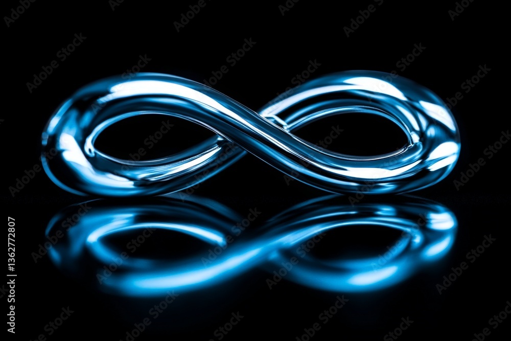 Fototapeta premium Stylish blue infinity symbol reflecting on a glossy black surface in an artistic display of modern design
