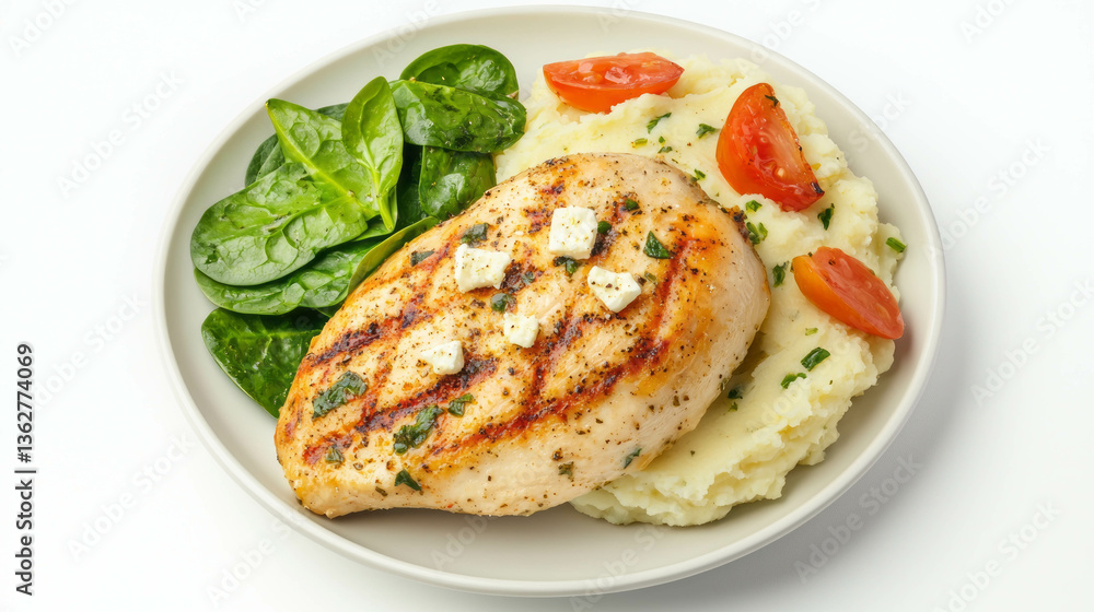 Delicious spinach and feta stuffed chicken with mashed potatoes and fresh vegetables for a nutritious meal Delicious spinach and feta stuffed chicken with mashed potatoes and fresh vegetables for a nutritious meal