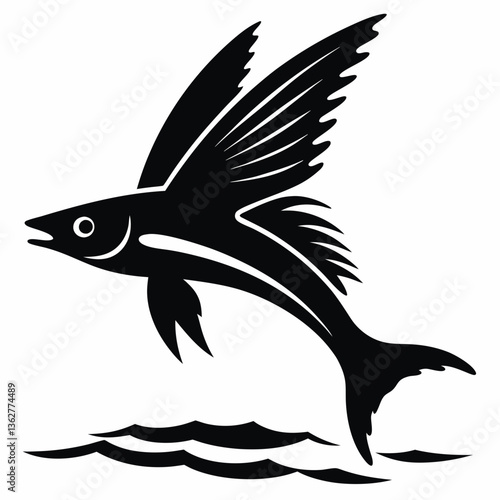 Flying fish jumping above waves in black silhouette style