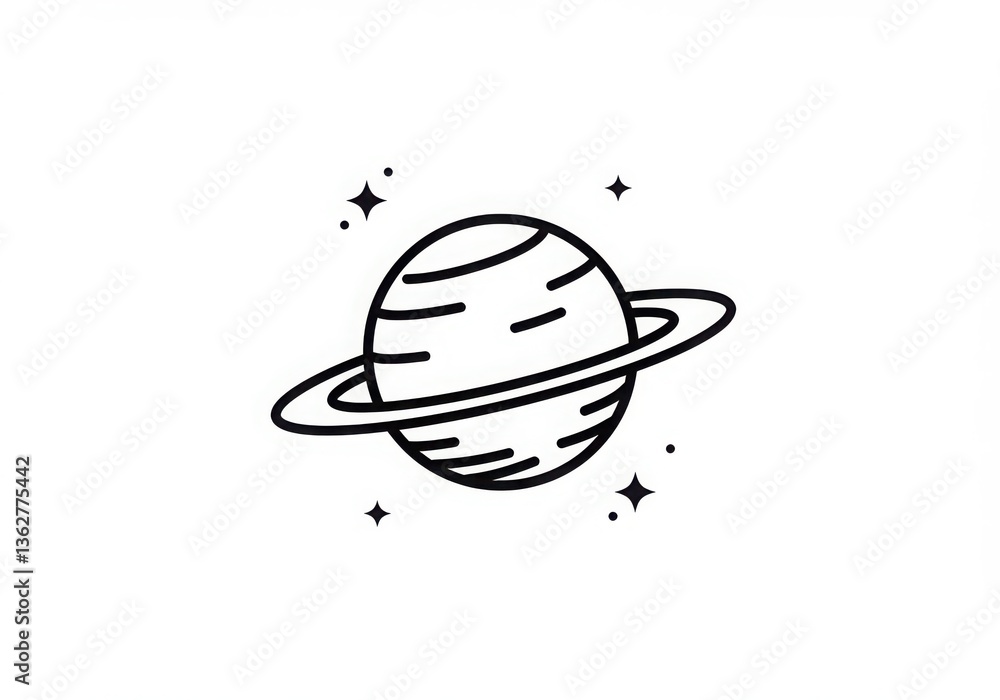 Obraz premium A simple black and white line drawing of a planet with rings and small stars on a white background