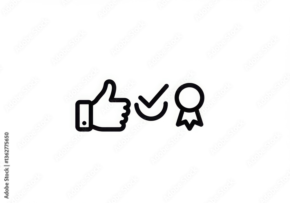 A simple line drawing of a thumbs up a check mark and a medal on a white background space for copy A simple line drawing of a thumbs up a check mark and a medal on a white background space for copy