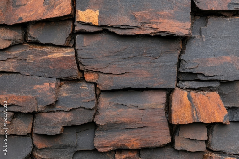 Close-up view of a textured stone wall. Intricate patterns and varied shades of dark and reddish stone create a dynamic surface. The interlocking stones exhibit natural irregularity Close-up view of a textured stone wall. Intricate patterns and varied shades of dark and reddish stone create a dynamic surface. The interlocking stones exhibit natural irregularity