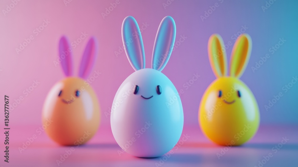 Fototapeta premium Cute smiling cartoon egg with bunny ears posing on a bokeh background 
