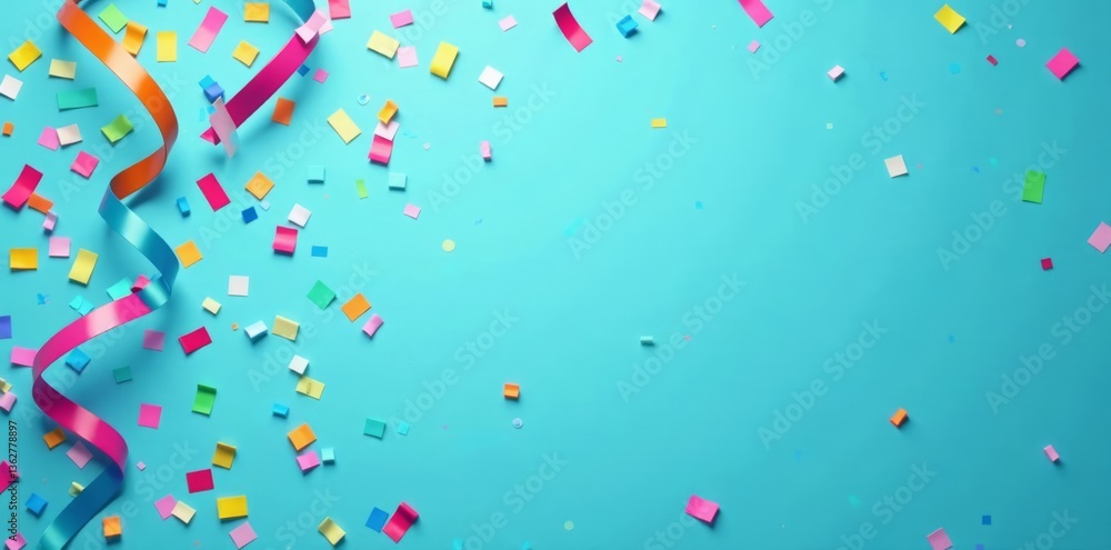 Colorful party streamers and confetti scattered on a blue background , streamers, confetti Colorful party streamers and confetti scattered on a blue background , streamers, confetti