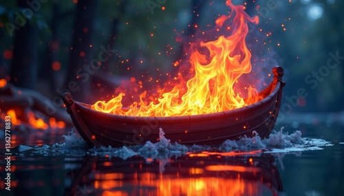 Colorful liturgical float sinking slowly into the fire , fireworks display, flame
