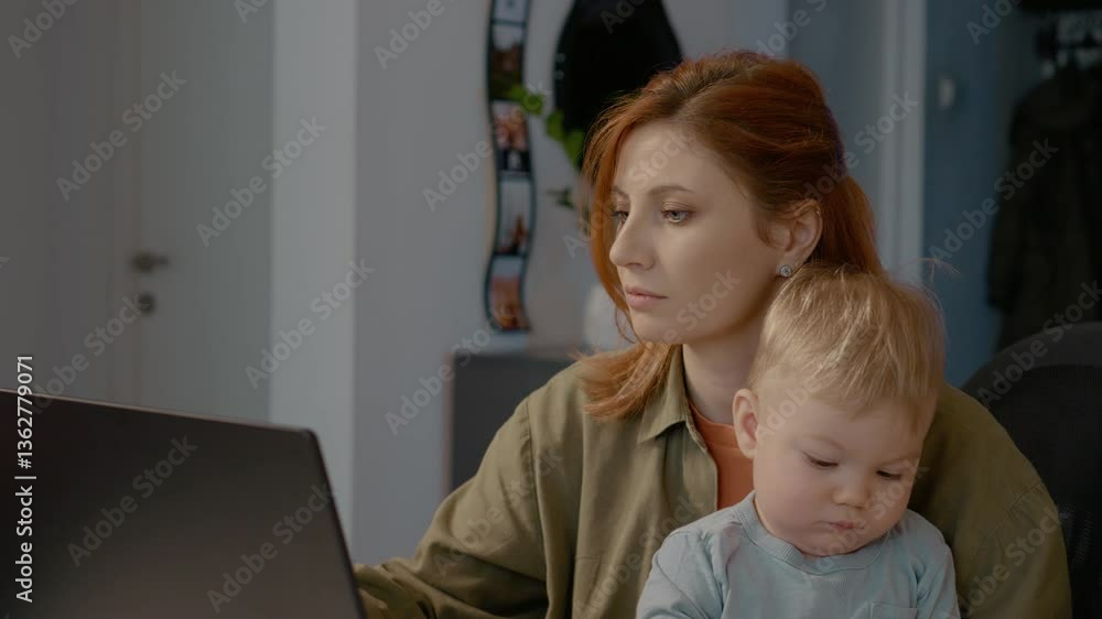 Multitasking redhead businesswoman working remotely, typing on laptop while tenderly holding baby son, balancing career and motherhood in home office setting Multitasking redhead businesswoman working remotely, typing on laptop while tenderly holding baby son, balancing career and motherhood in home office setting