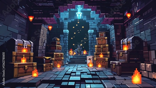 In a detailed pixel art dungeon, treasure chests are stacked amidst flickering torches. Light dances off stone walls, creating an enchanting atmosphere for adventurers seeking fortune and mystery