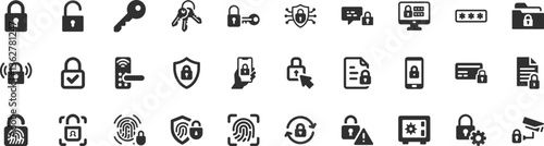 Security and privacy icon set. Vector glyph pictograms of lock, key, fingerprint, shield, passcode, protection, access control, cybersecurity black silhouette illustration.