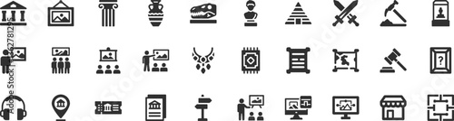 Museum, history icon set. Vector glyph pictograms of artifact, painting, sculpture tour, statue, ancient architecture, heritage, archaeology, exhibition black silhouette illustration.