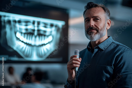 a man in a dental conference presentation, a captivating scene of a dentist presenting his lecture