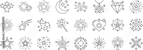 Star, sparkle line icon set. Vector pictograms of shooting star, constellation, diamond, magical wand, cosmic and magical elements thin linear illustration.