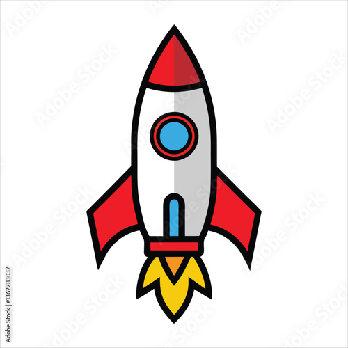 Cartoon Rocket Icon, Simple Colorful Spacecraft Illustration with Red Fins and Flame, Startup, Innovation, and Space Exploration Concept