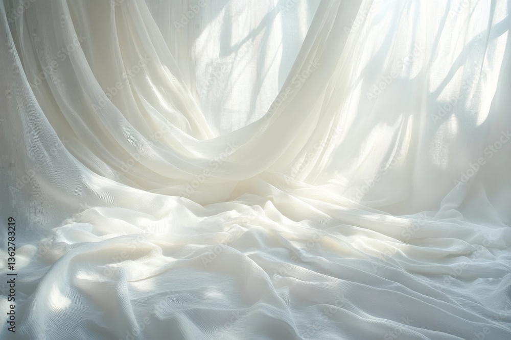 Obraz premium Soft white fabric gently draping with light casting delicate shadows, creating an ethereal atmosphere indoors