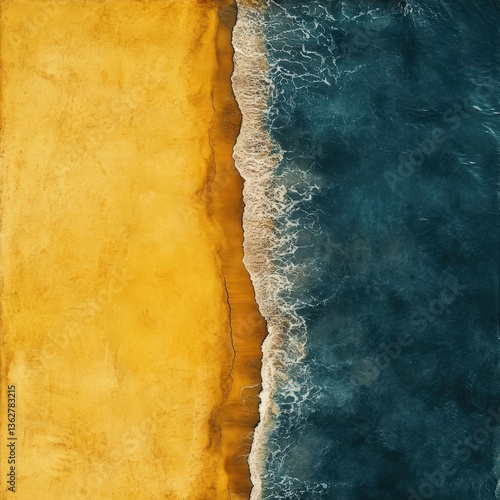 Top-down drone shot capturing contrast between deep blue ocean and warm golden beach, waves gently breaking