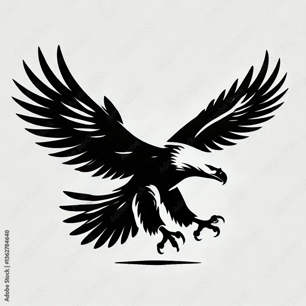 Fototapeta premium Majestätische Adlersilhouette im Flug auf hellem Hintergrund. Perfekt für T-Shirt-Designs, Logos und kraftvolle Illustrationen. Zeigt Stärke und Freiheit.