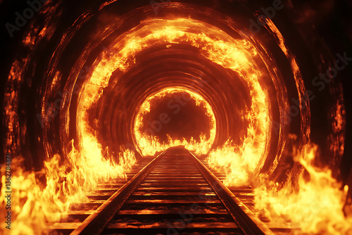 Fiery tunnel with railway tracks leading into a blazing inferno, evoking danger and intensity