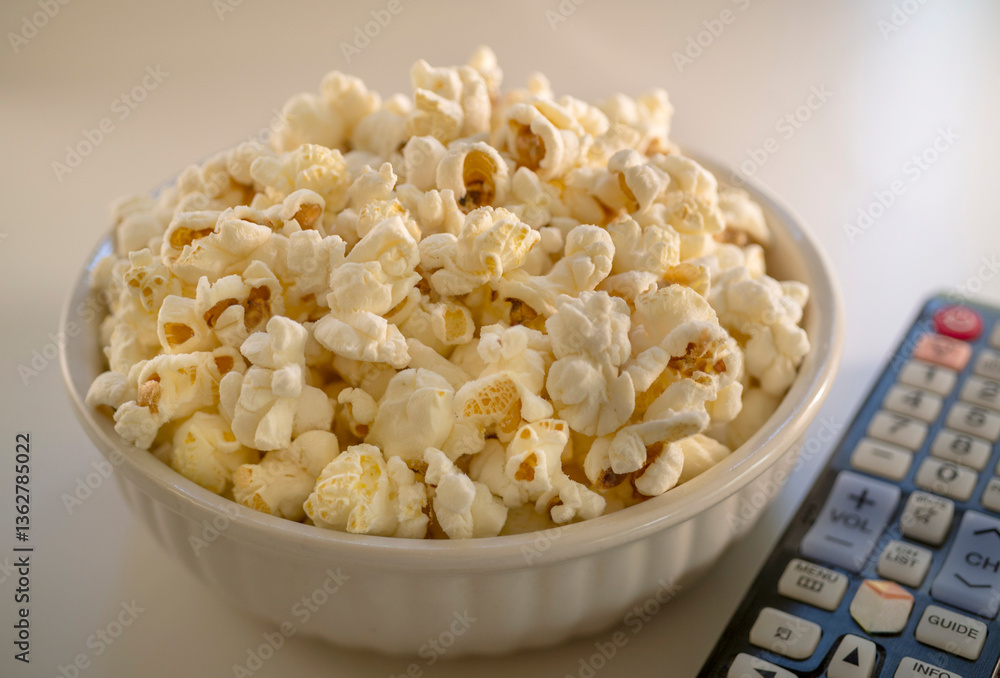 Bowl of popcorn and TV remote control Bowl of popcorn and TV remote control
