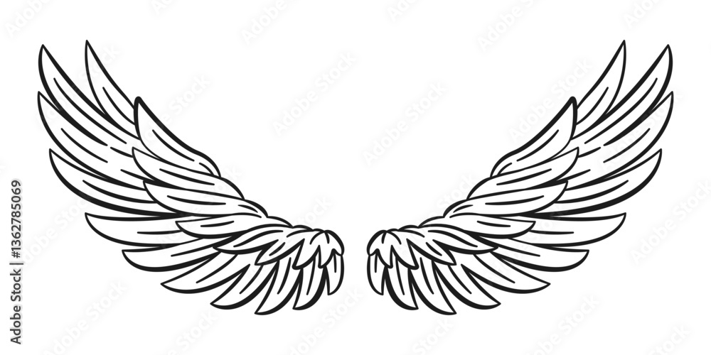 Obraz premium Angel Wings. Wings for t-shirt, holiday backdrop, logo, greeting, invitation cards, coloring page, engraving, laser cutting, tattoo. Flat vector illustration