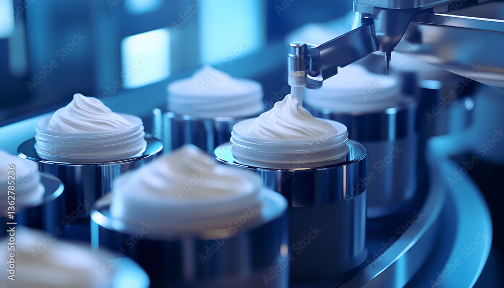 Advanced cosmetic filling machine nozzles precisely dispensing cream into containers. concept of automated production, precision engineering, skincare manufacturing, industrial technology Advanced cosmetic filling machine nozzles precisely dispensing cream into containers. concept of automated production, precision engineering, skincare manufacturing, industrial technology