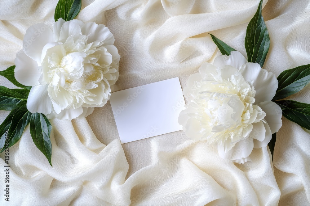 For special occasions and personal messages, a blank card and stunning white peonies are gently placed on soft fabric For special occasions and personal messages, a blank card and stunning white peonies are gently placed on soft fabric