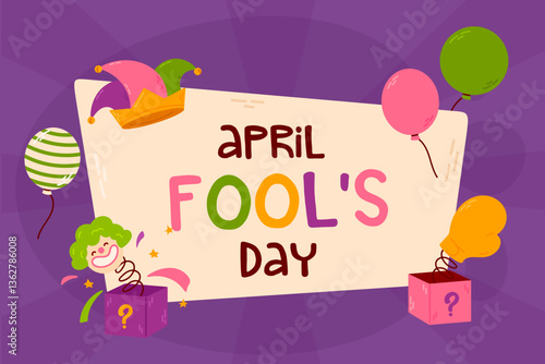 Cartoon vector banner for April Fool’s Day with humorous elements, joke props, festive decorations, and prank accessories.