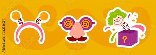 Collection of vector prank icons for April Fool’s Day. Colorful stickers with funny disguises, joke items, and accessories for celebration.