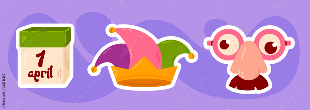 Vector set of April Fool’s Day stickers with prank accessories. Cartoon collection of joke elements, including glasses, mustache, hat, and clown nose. Vector set of April Fool’s Day stickers with prank accessories. Cartoon collection of joke elements, including glasses, mustache, hat, and clown nose.