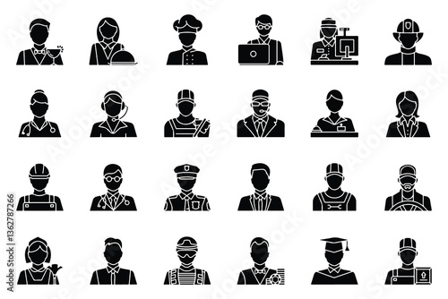 A set of professional occupation icons in solid black style, representing various careers such as healthcare, engineering, law enforcement, and education. Ideal for infographics and presentations.