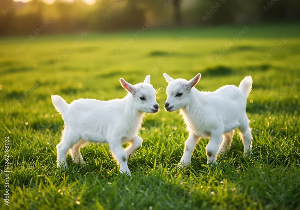 Obraz premium Two energetic baby goats with soft white fur engaging in playful antics in a sunlit green pasture, symbolizing happiness and rural charm.