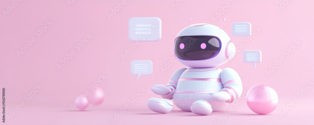 A cute, stylized robot sits against a pink background, surrounded by speech bubbles and playful spheres, evoking a friendly and futuristic vibe. A cute, stylized robot sits against a pink background, surrounded by speech bubbles and playful spheres, evoking a friendly and futuristic vibe.