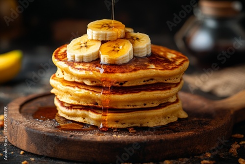 Wallpaper Mural Delicious stack of fluffy pancakes topped with banana slices and drizzled with syrup on a rustic wooden board Torontodigital.ca