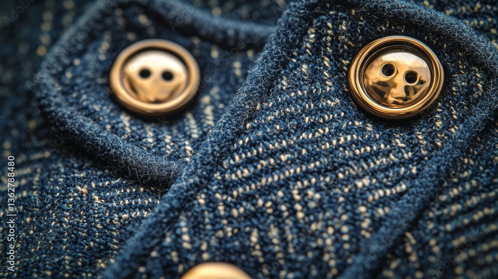 Detailed View of Herringbone Fabric with Stylish Brass Buttons Fastened