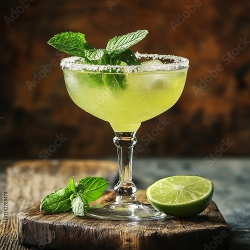 On a Rustic Wooden Table, a Refreshing Lime Margarita is Served Garnished With Mint