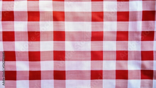 Red and white checkered tablecloth, top view. Background of gingham pattern in close-up