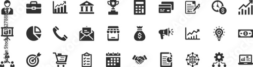 Business and finance icon set. Vector glyph pictograms of briefcase, chart, money, banking, accounting, handshake, calendar, corporate, marketing, investment concept black silhouette illustration.